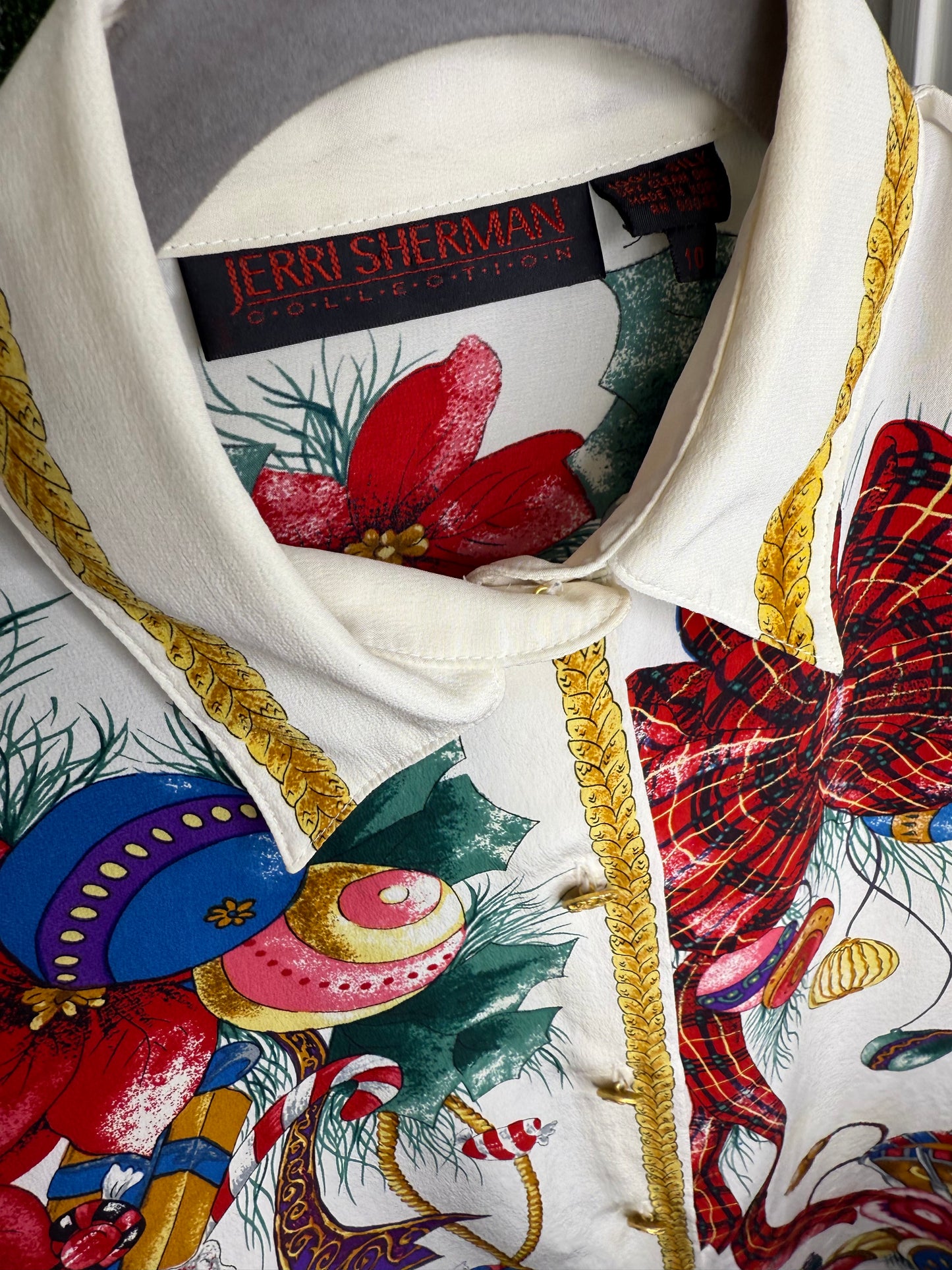 Jerri Sherman Collection Holiday Christmas Silk Button Down