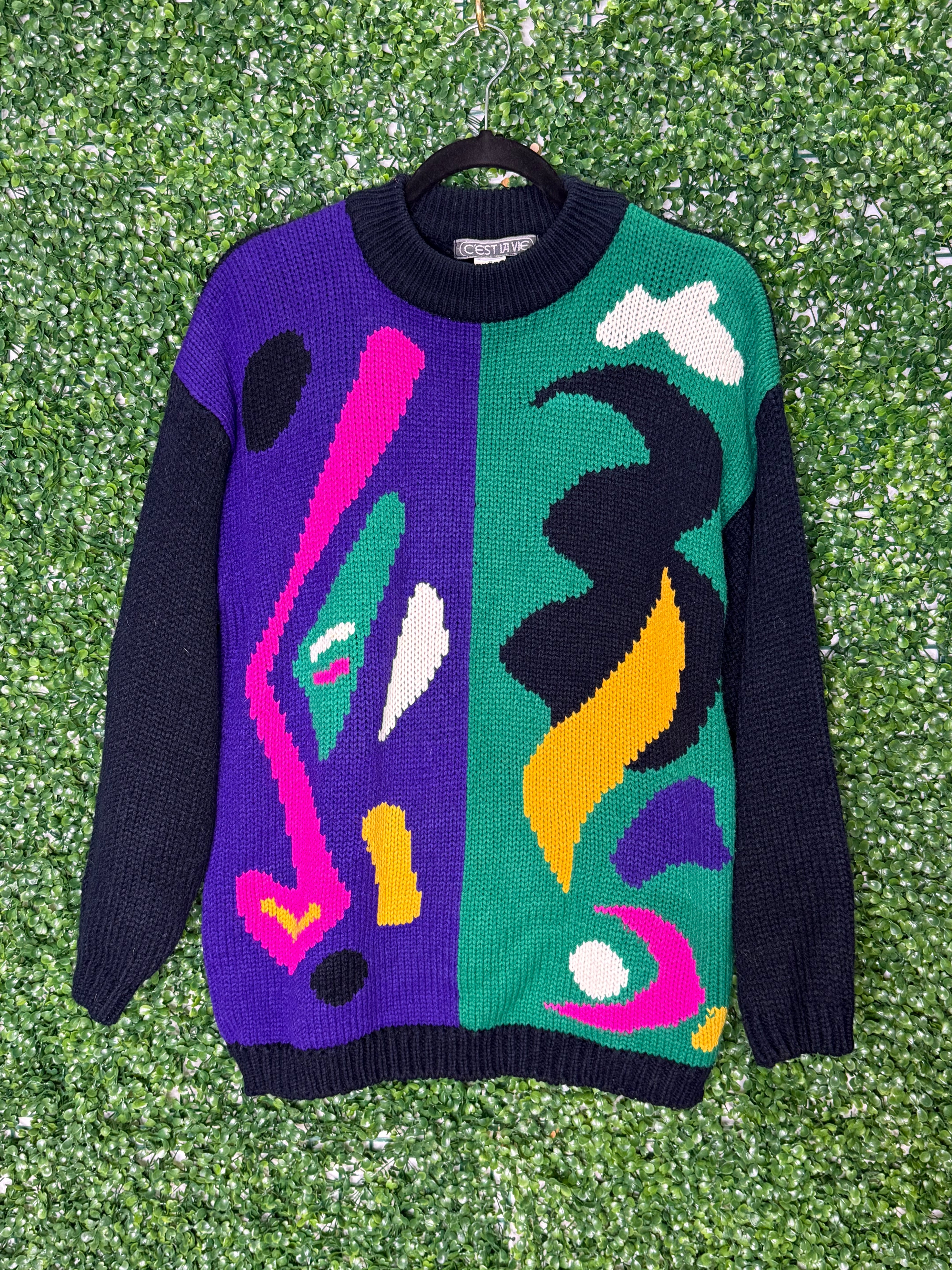 Cest La Vie Vintage Patterned Color block Mock neck Sweater