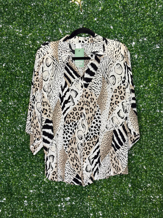 Multi Animal Print Dolman Sleeve Button Up