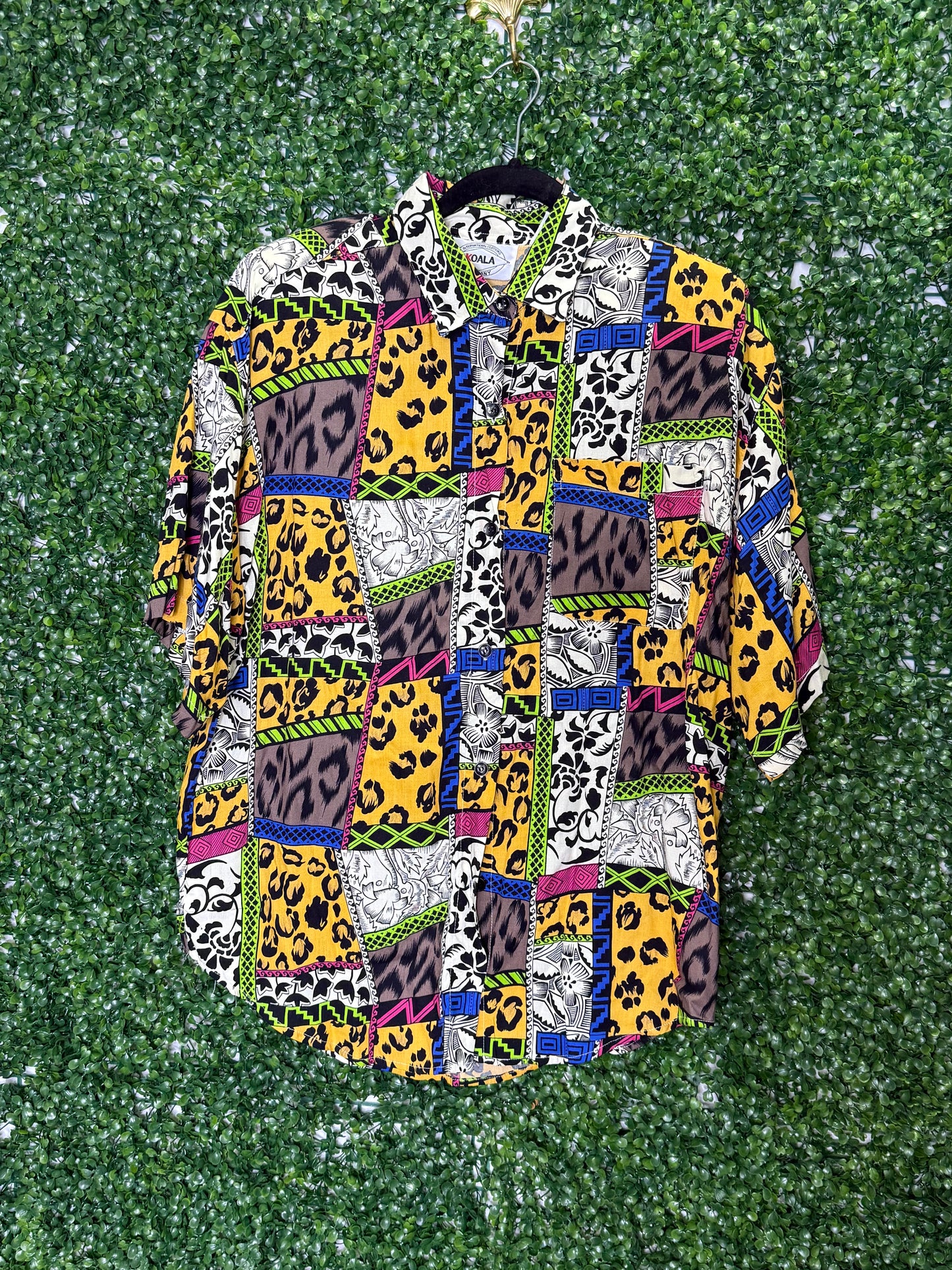 Koala Company Animal Print Checkered Color Block Button Up