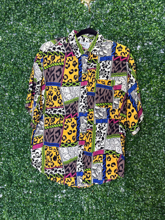 Koala Company Animal Print Checkered Color Block Button Up
