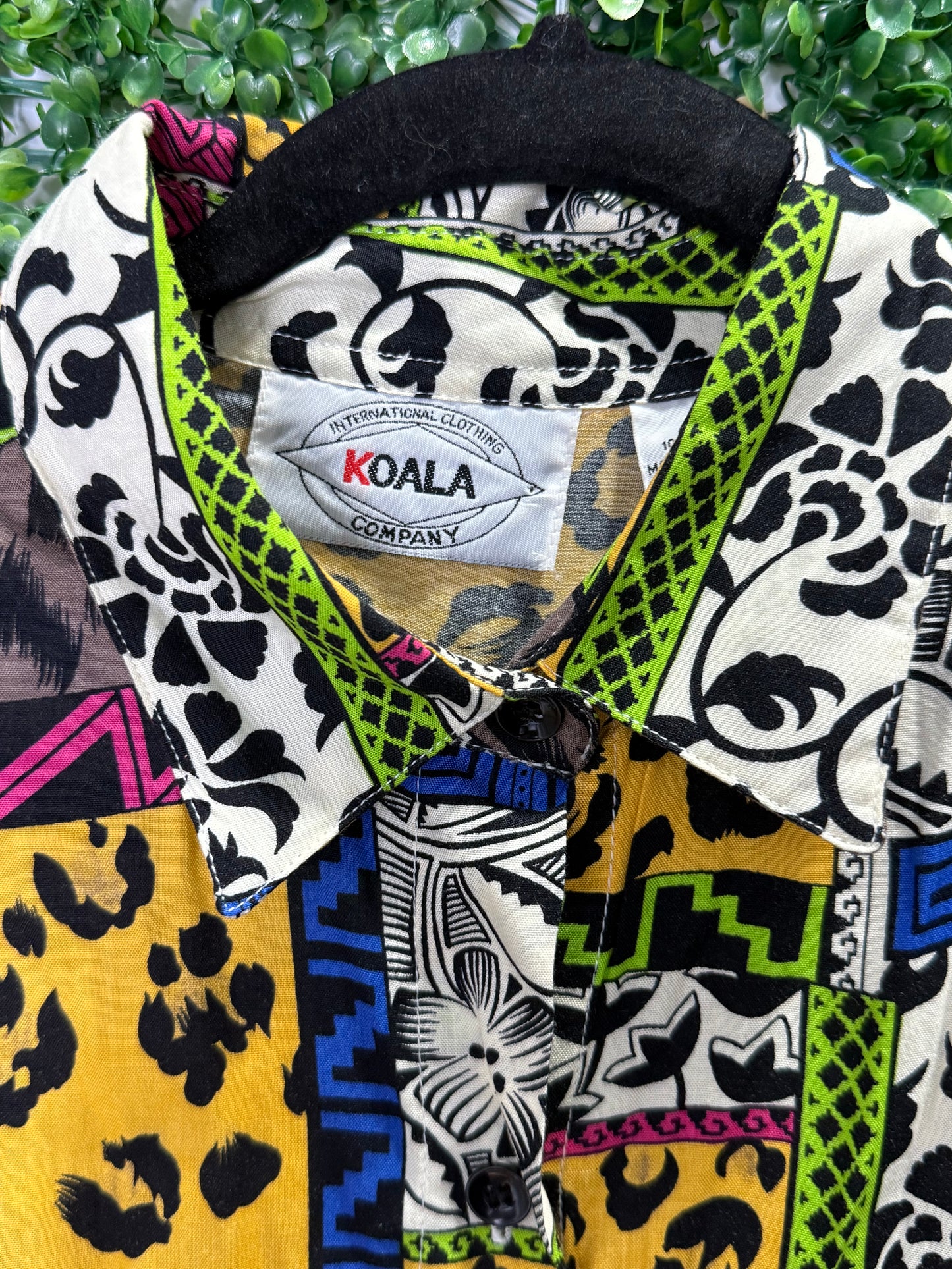 Koala Company Animal Print Checkered Color Block Button Up