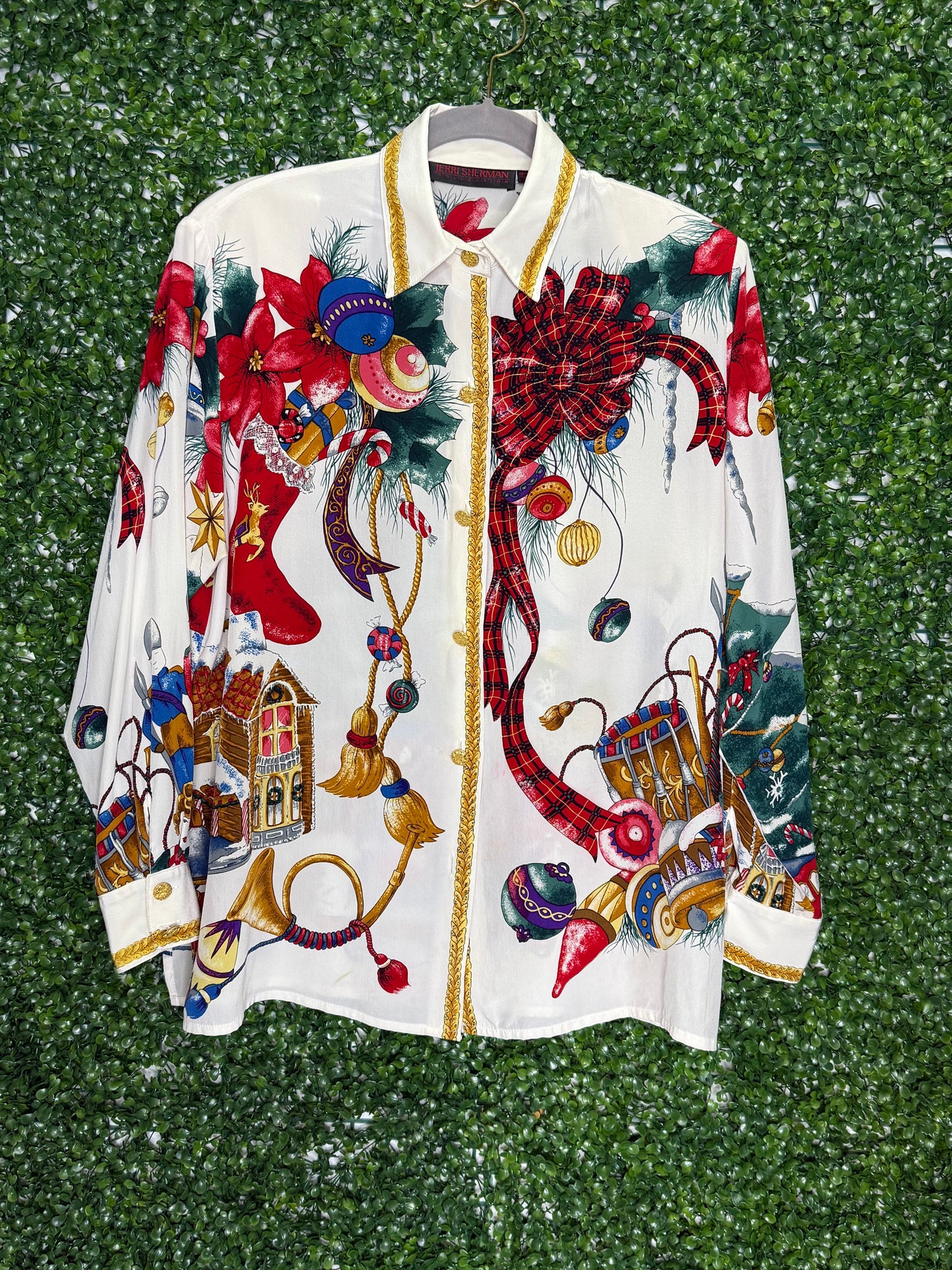 Jerri Sherman Collection Holiday Christmas Silk Button Down
