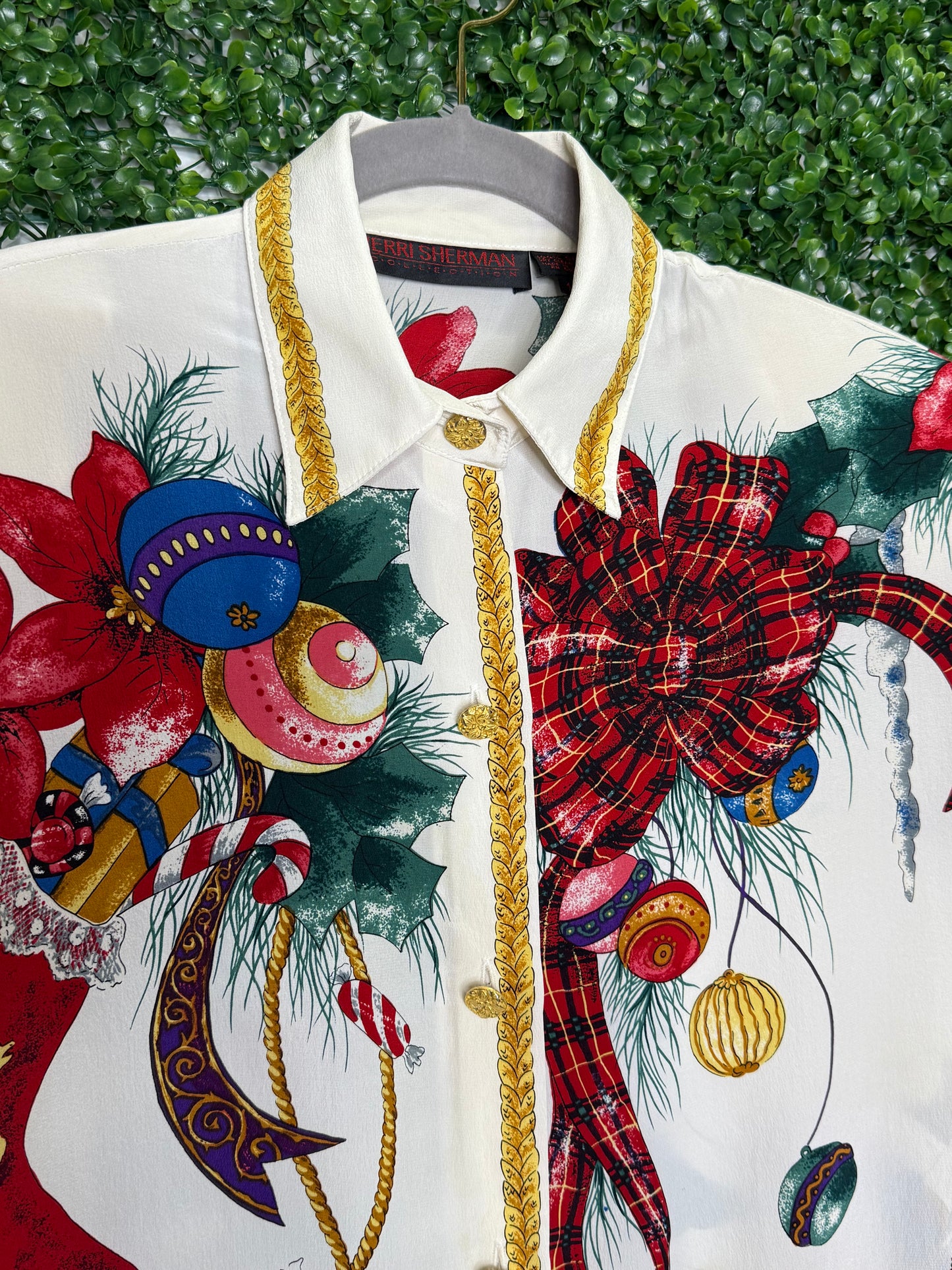 Jerri Sherman Collection Holiday Christmas Silk Button Down