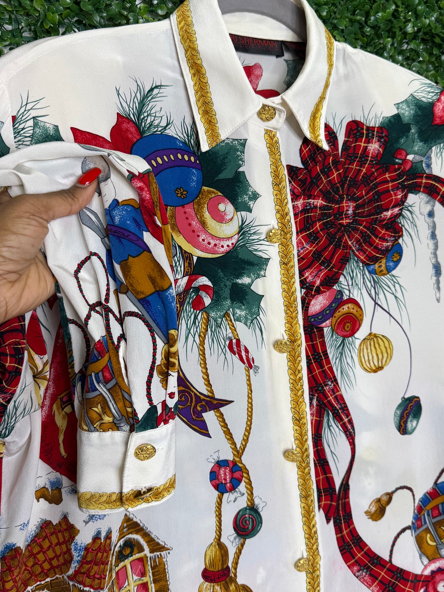 Jerri Sherman Collection Holiday Christmas Silk Button Down