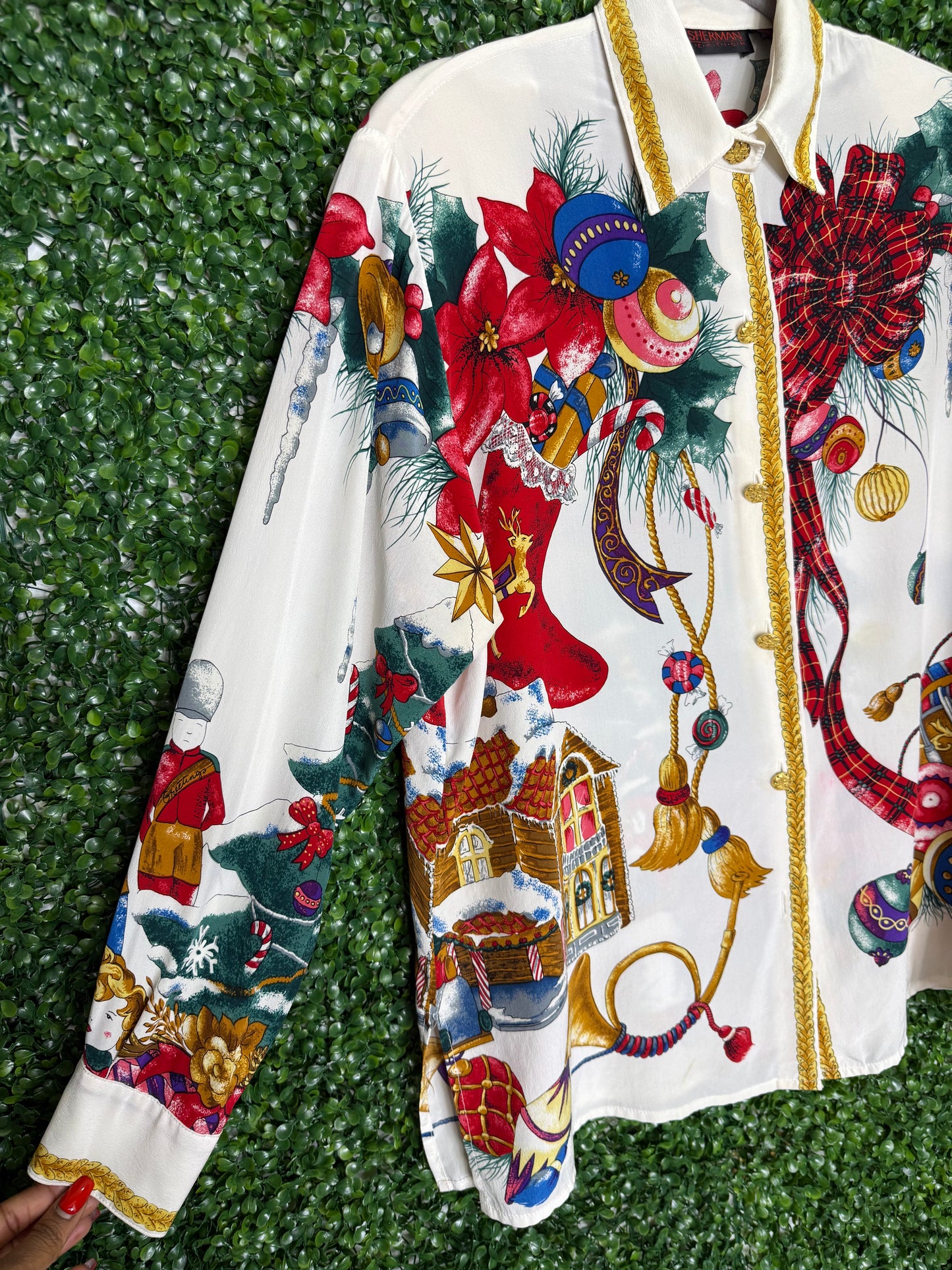 Jerri Sherman Collection Holiday Christmas Silk Button Down