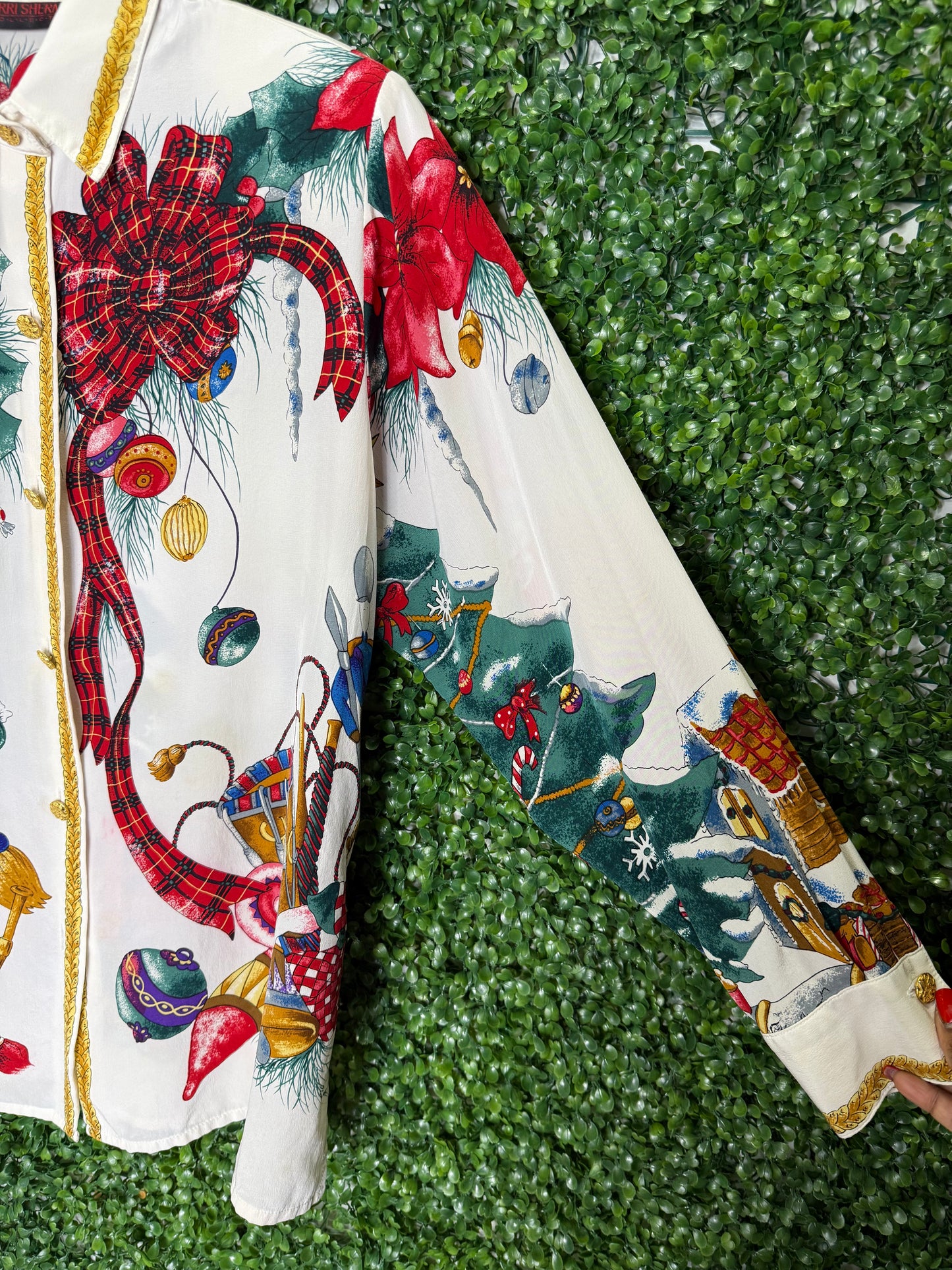 Jerri Sherman Collection Holiday Christmas Silk Button Down