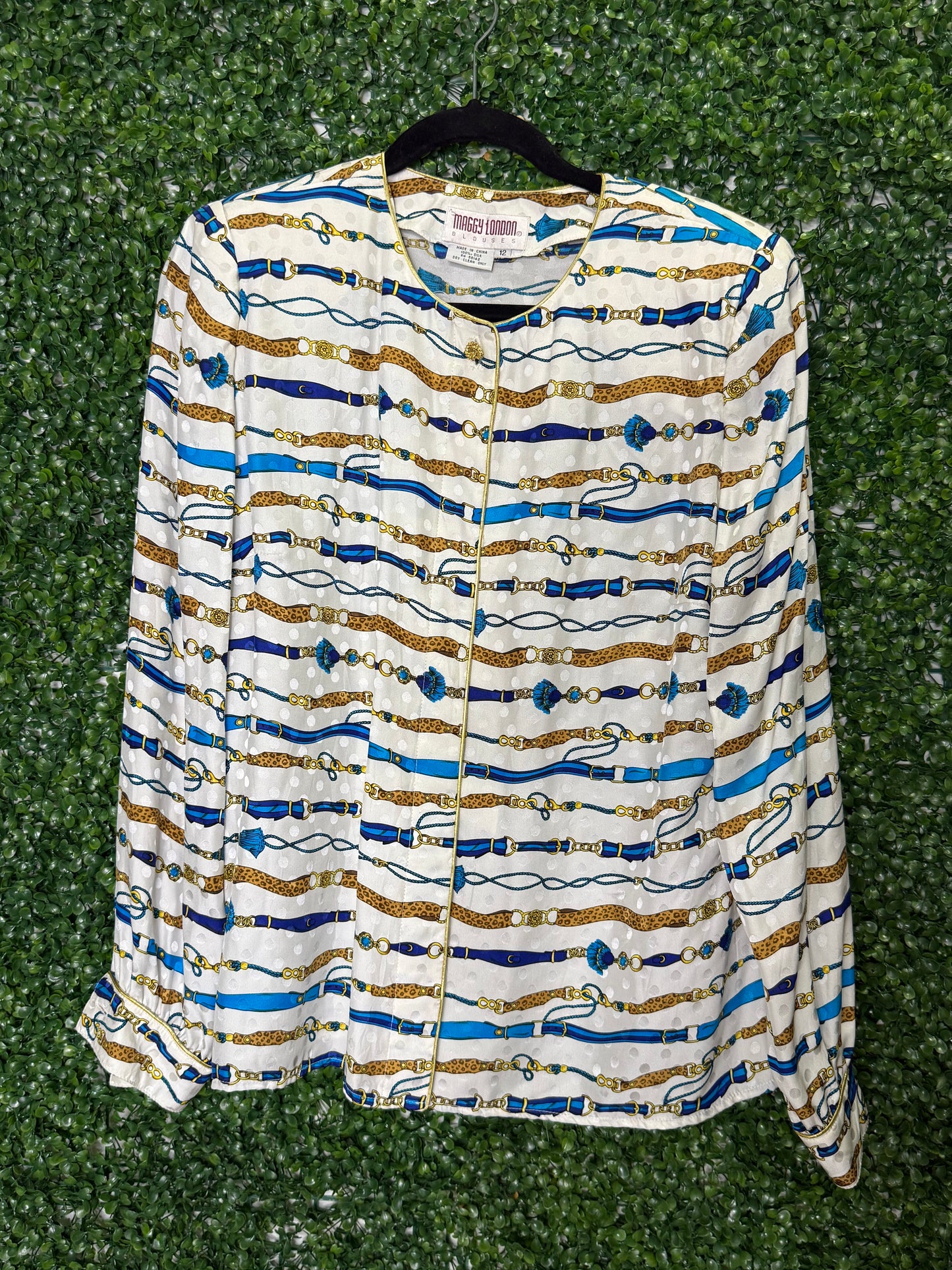 Maggy London Silk Vintage Belt Patterned Blouse