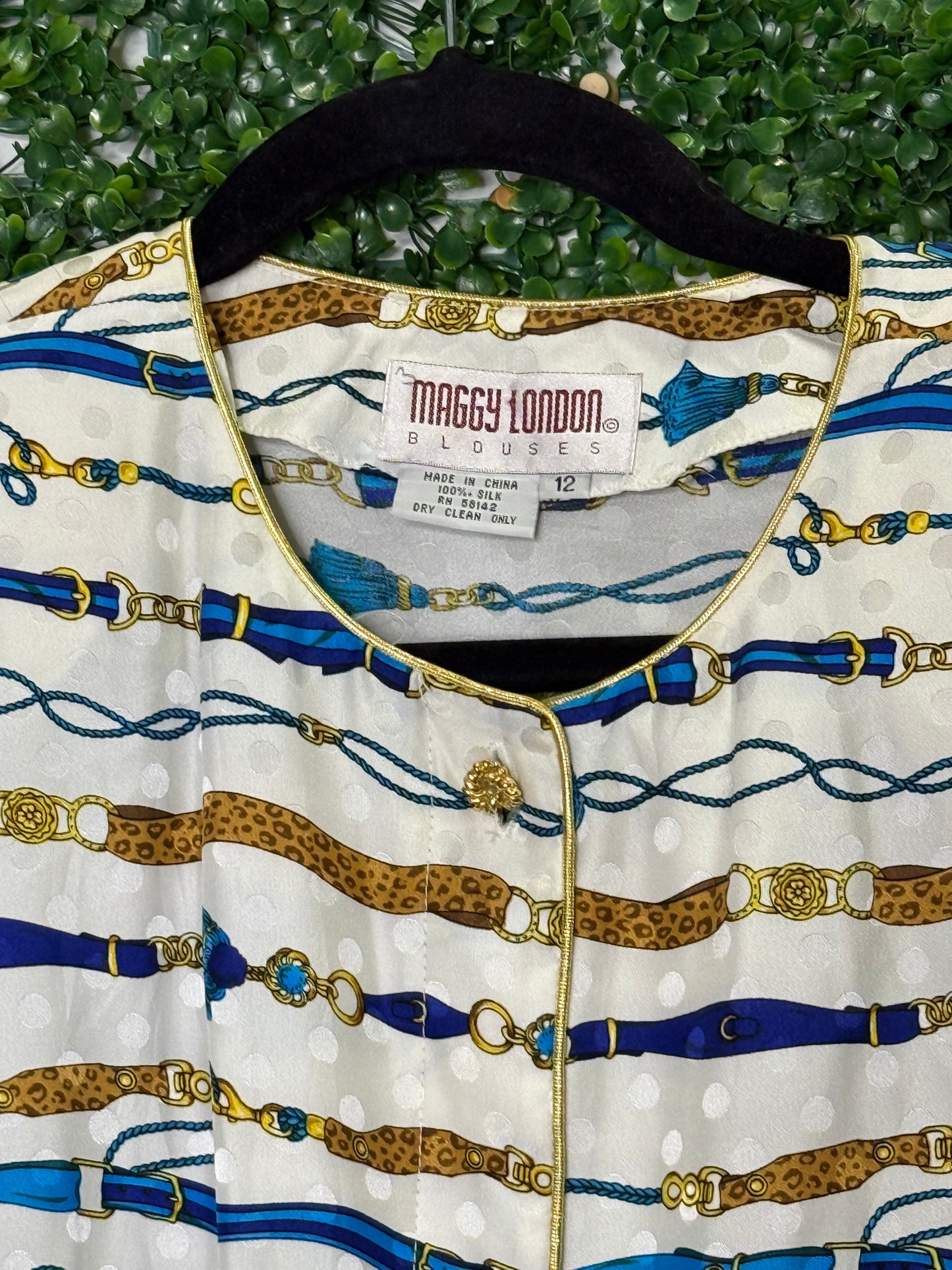 Maggy London Silk Vintage Belt Patterned Blouse