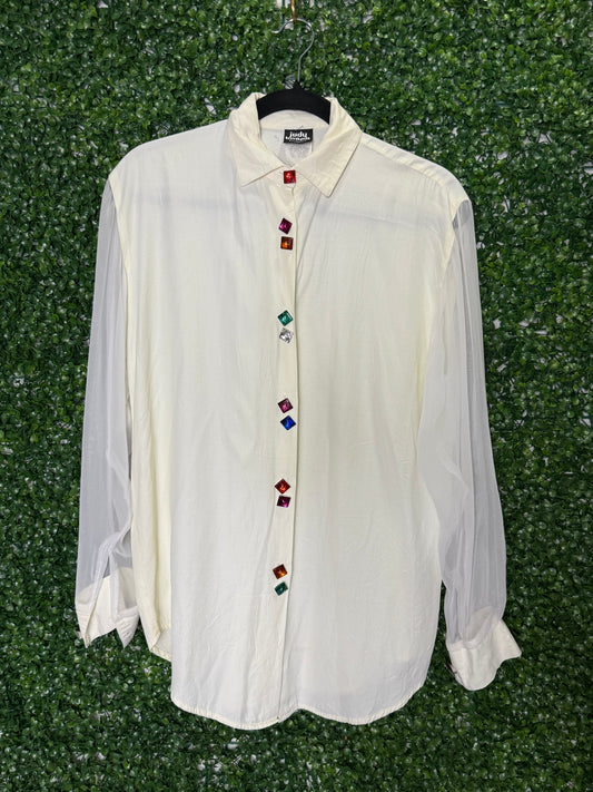 Judy Knapp Vintage White Button Up with Gem Stone Buttons