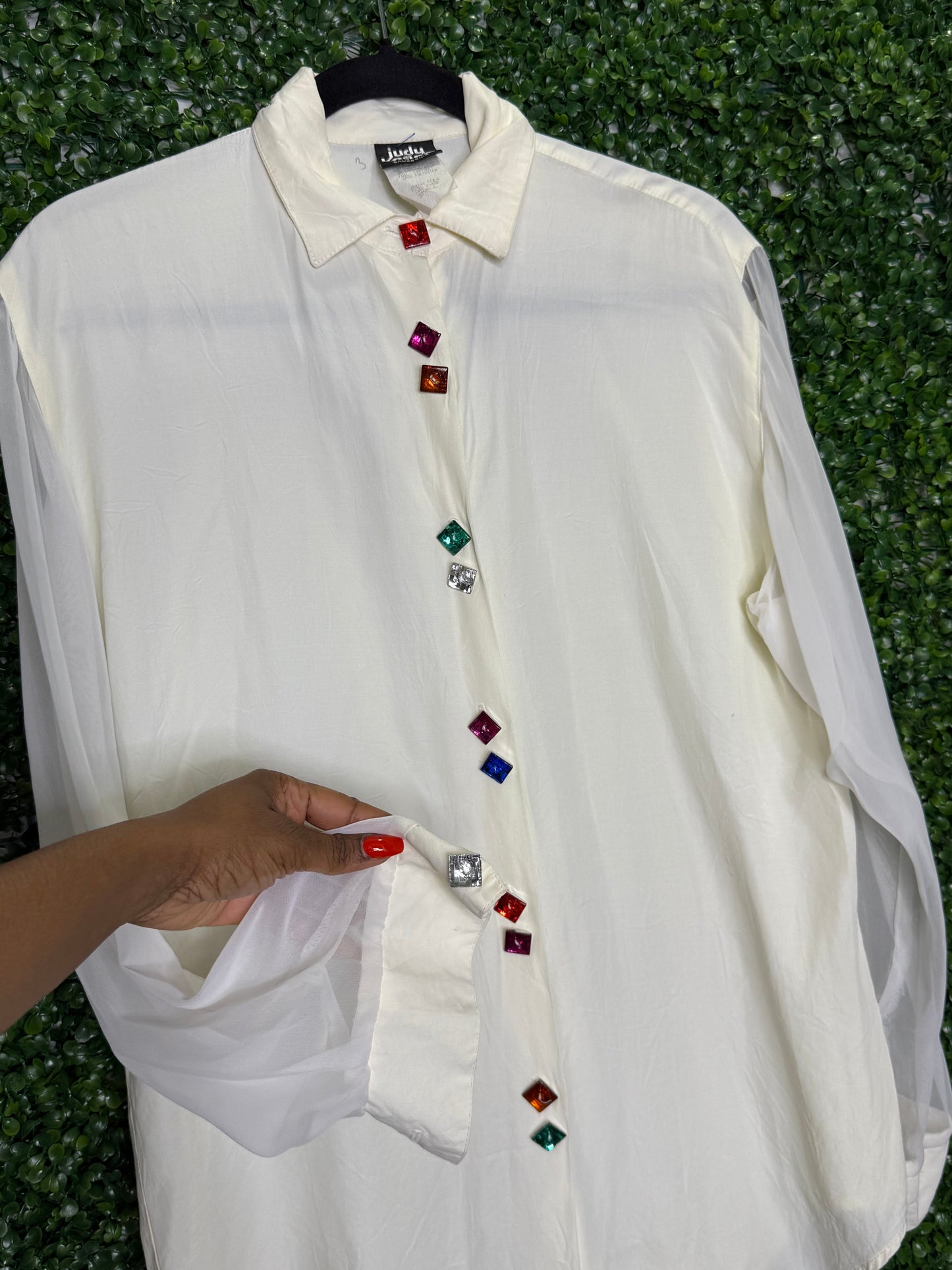 Judy Knapp Vintage White Button Up with Gem Stone Buttons