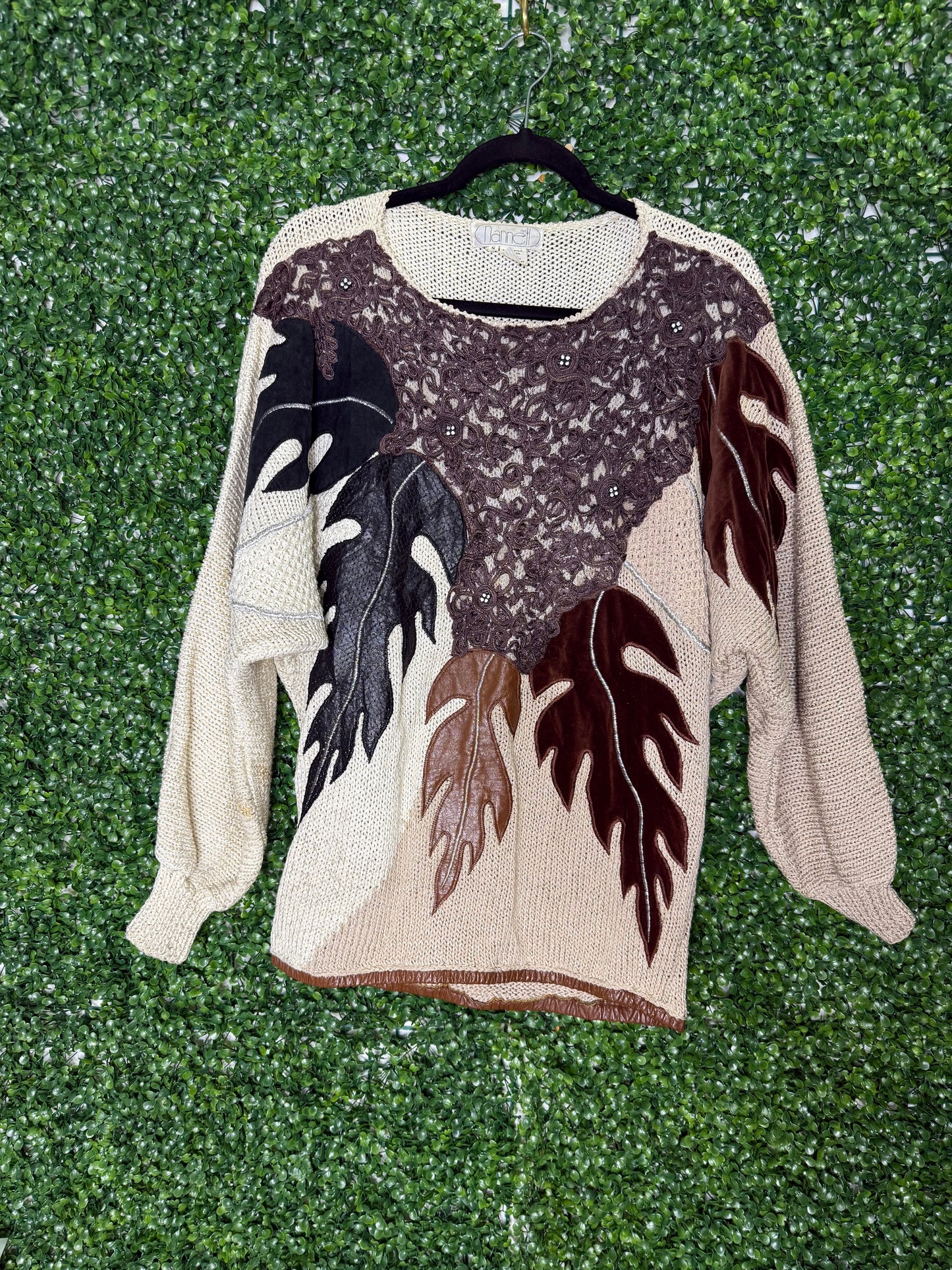Nannell Vintage Knit Sweater with Leather Suede and Embroidered Accents