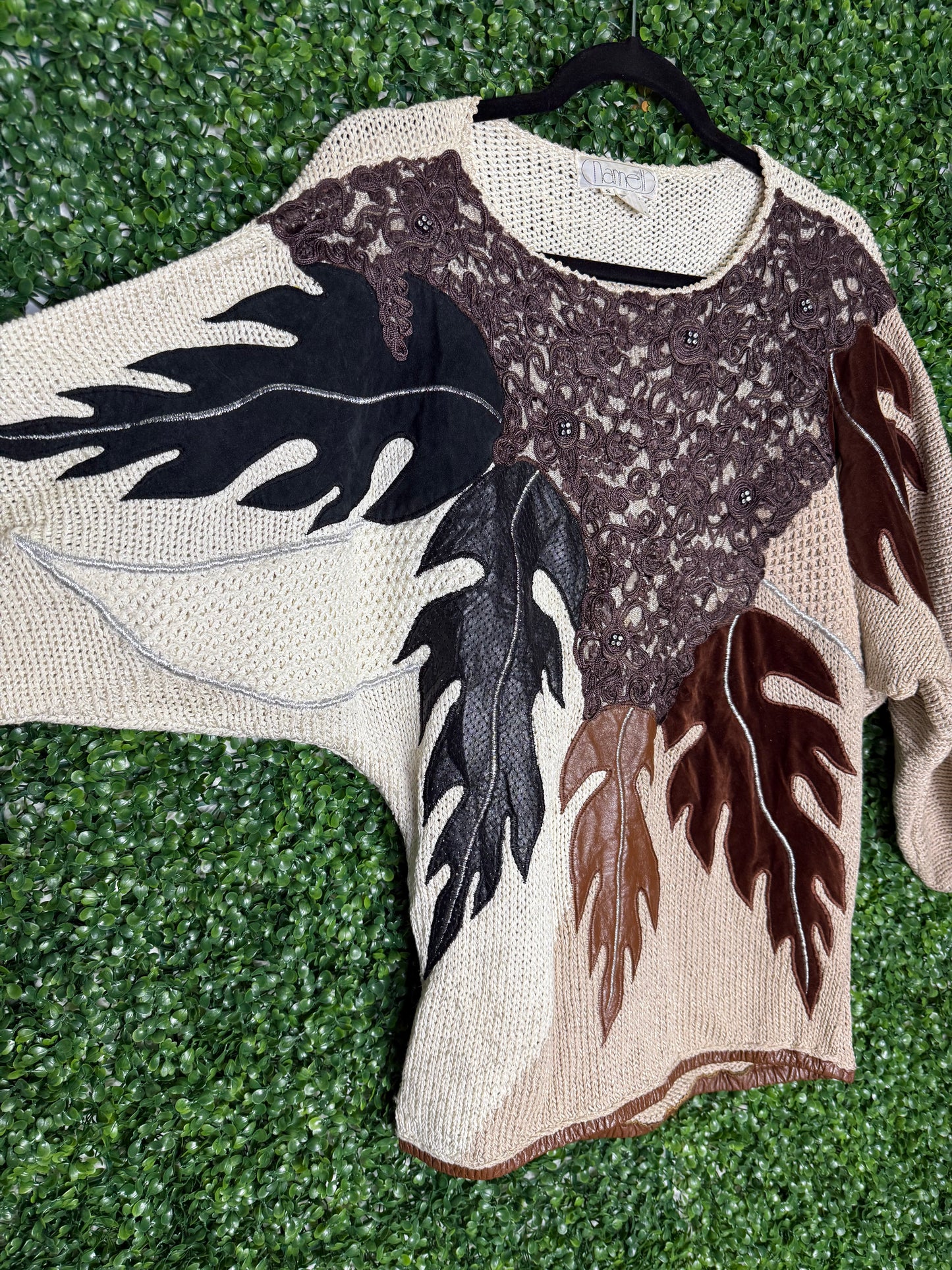 Nannell Vintage Knit Sweater with Leather Suede and Embroidered Accents