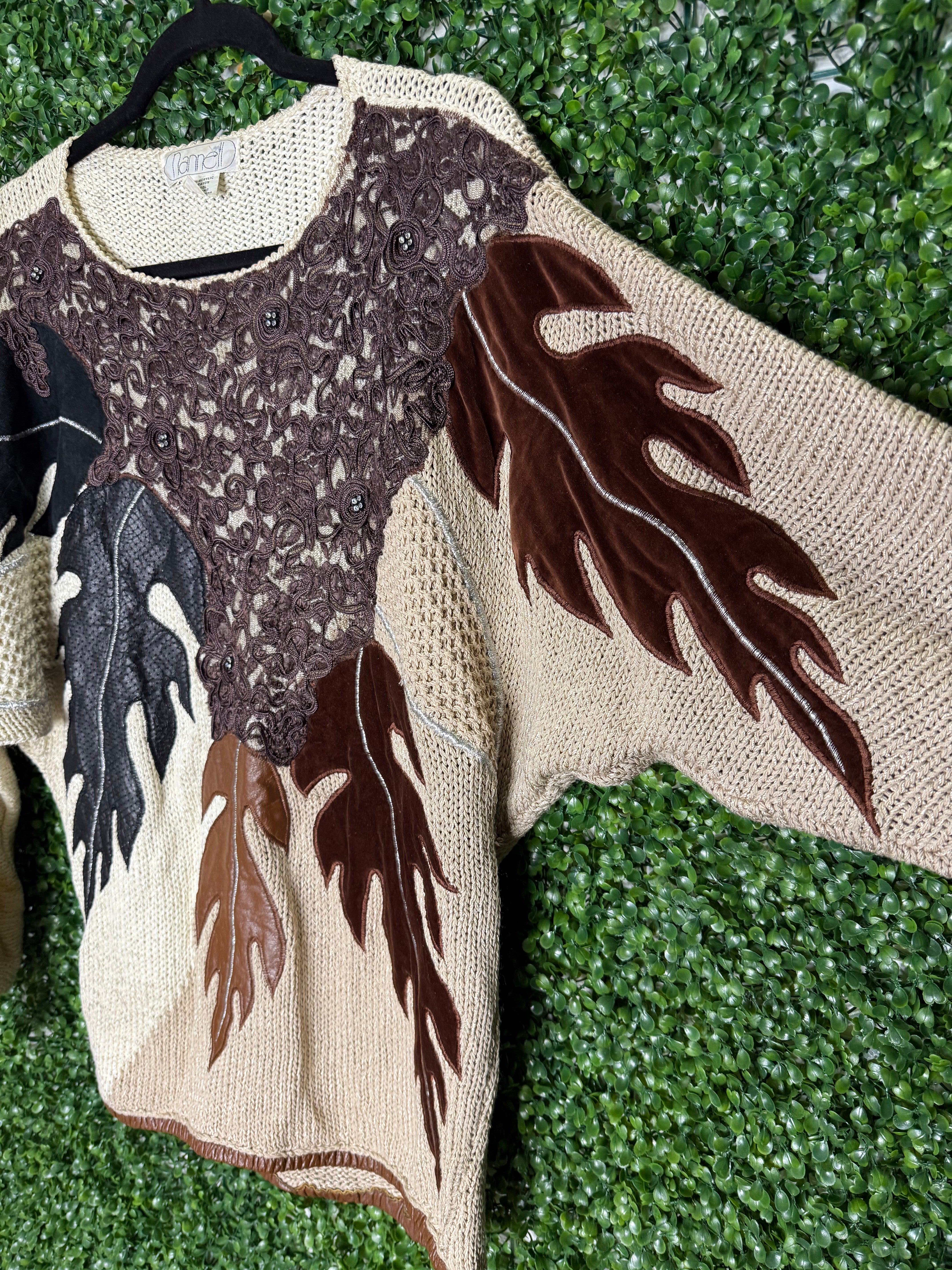 Nannell Vintage Knit Sweater with Leather Suede and Embroidered
