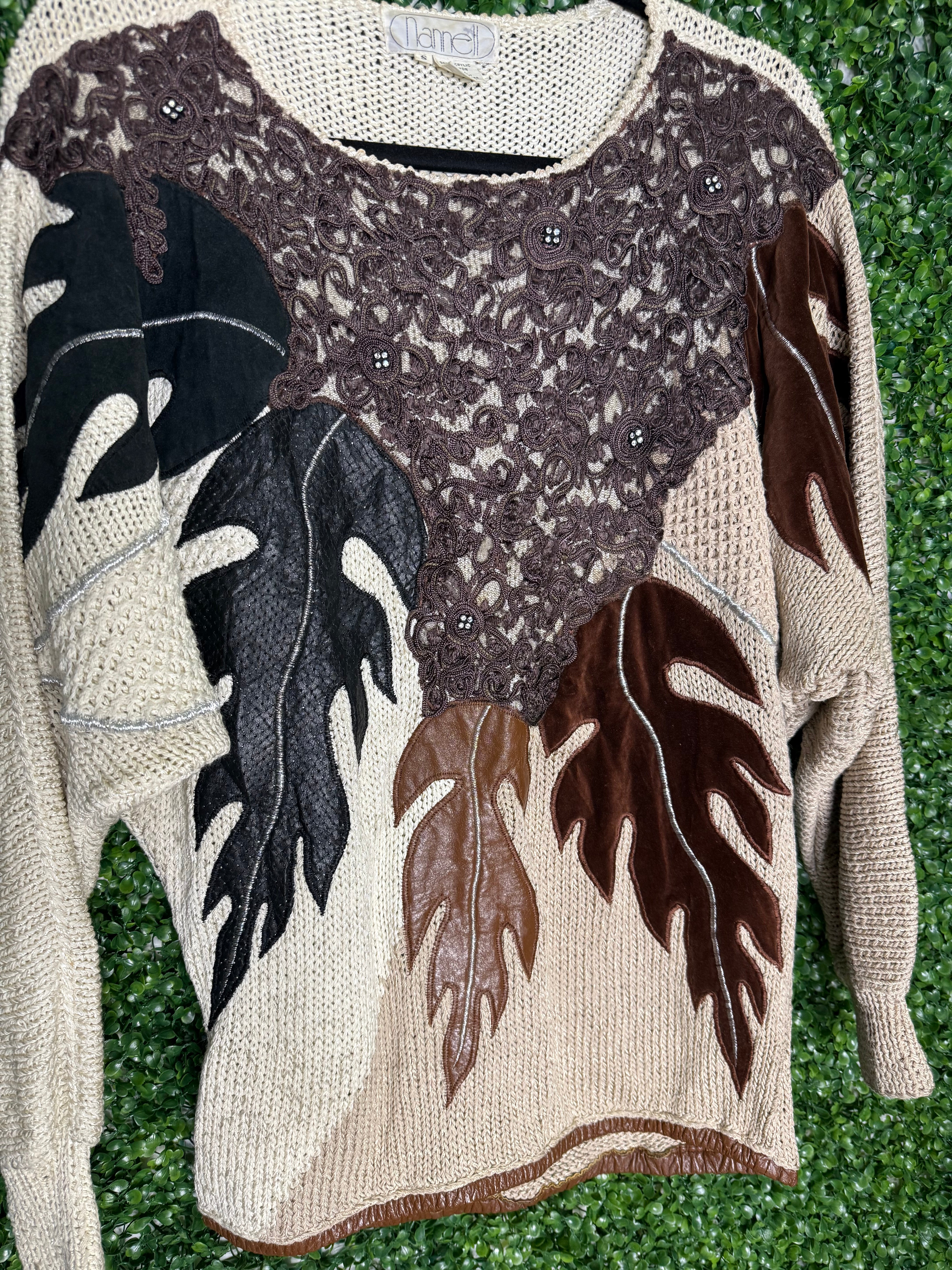Nannell Vintage Knit Sweater with Leather Suede and Embroidered
