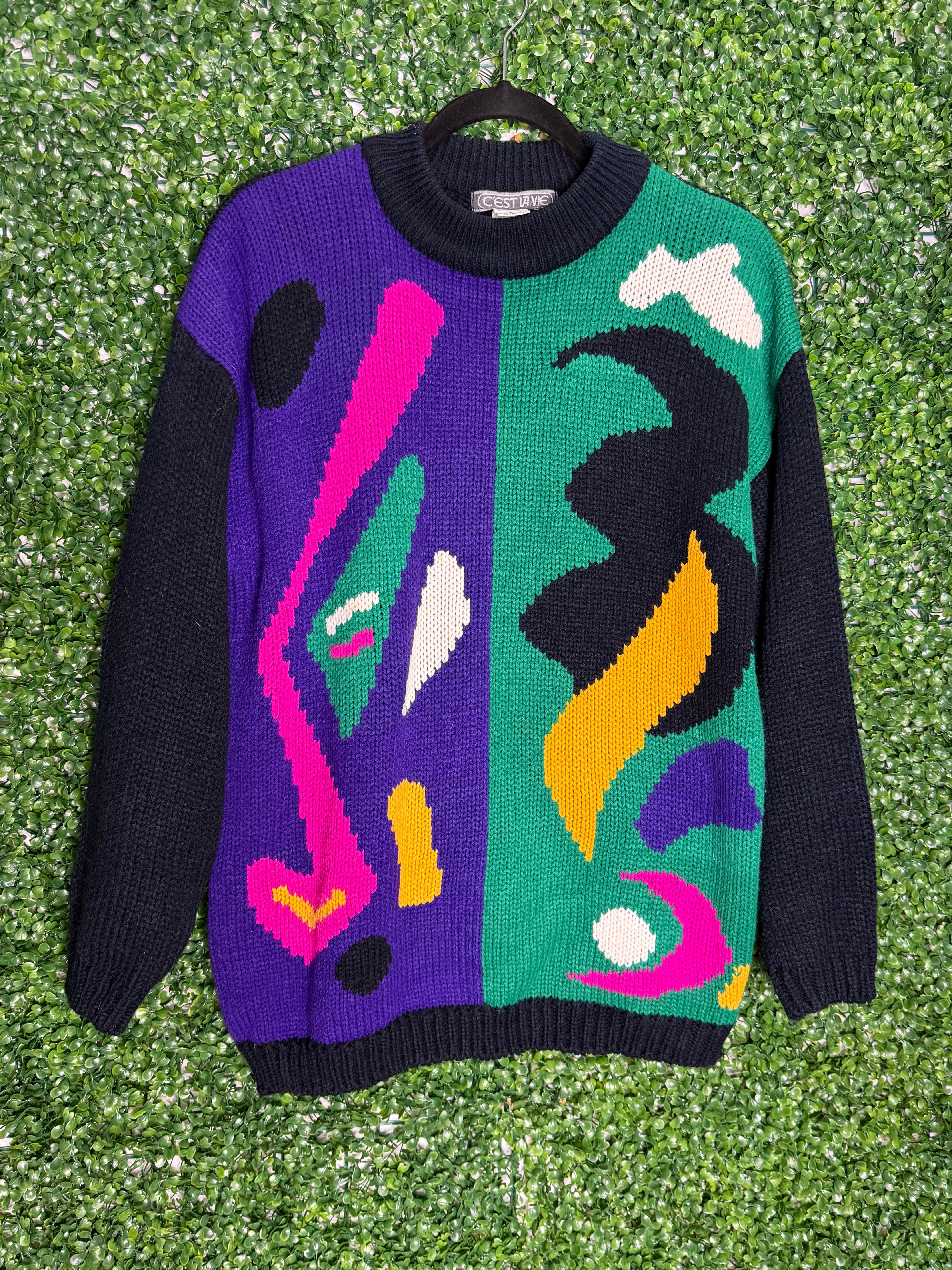 Cest La Vie Vintage Patterned Color block Mock neck Sweater