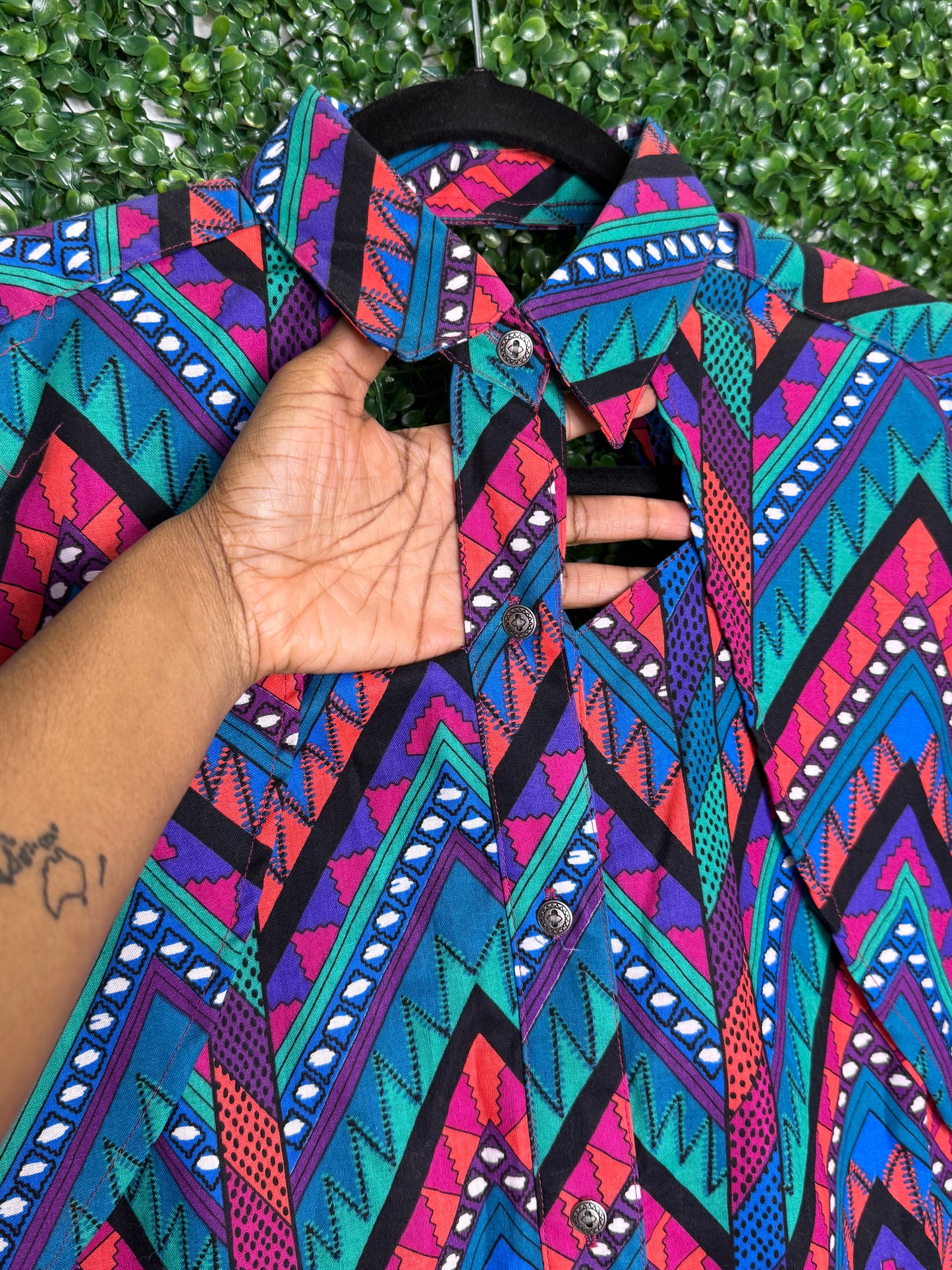 American Hero Vintage Aztec Print Short Sleeve Shirt with Cutouts