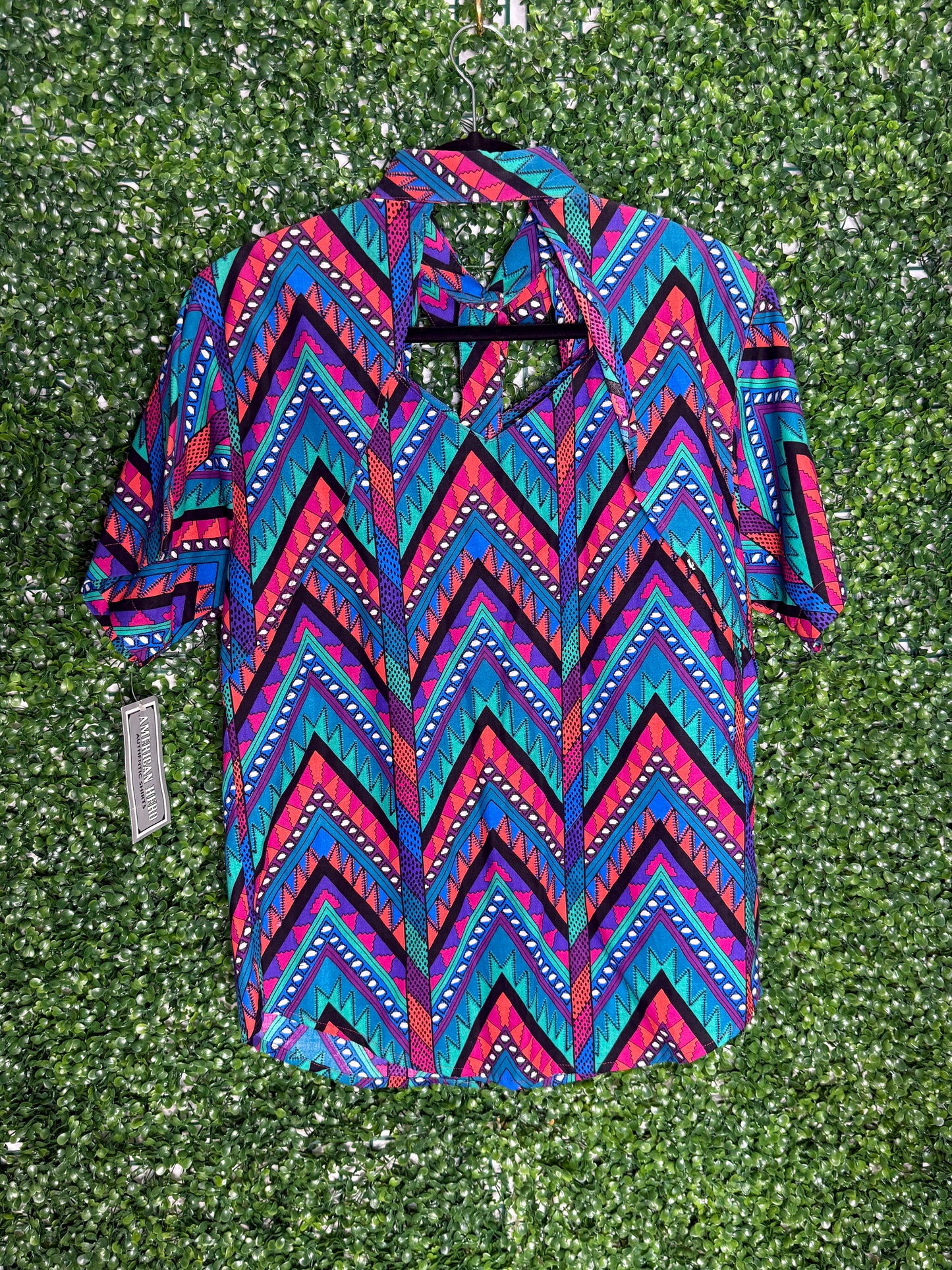 American Hero Vintage Aztec Print Short Sleeve Shirt with Cutouts