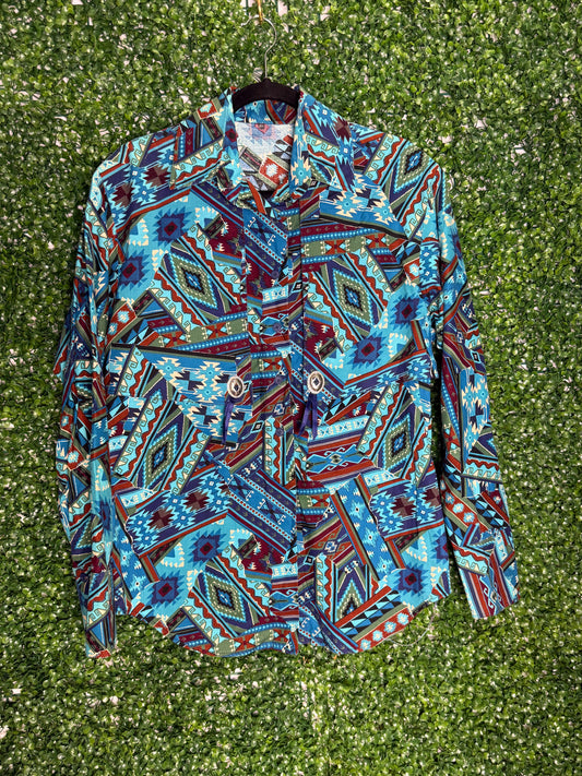 Vintage Aztec Print Blue Shirt with Silver Accents