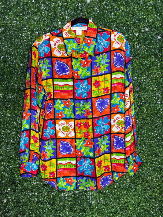 Jessica Holbrook Vintage Silk Floral Colorblock Shirt Button Up