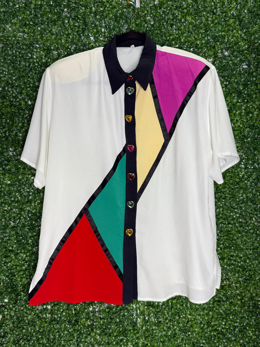 Vintage White Color block Short Sleeve Shirt With Heart Gem Buttons